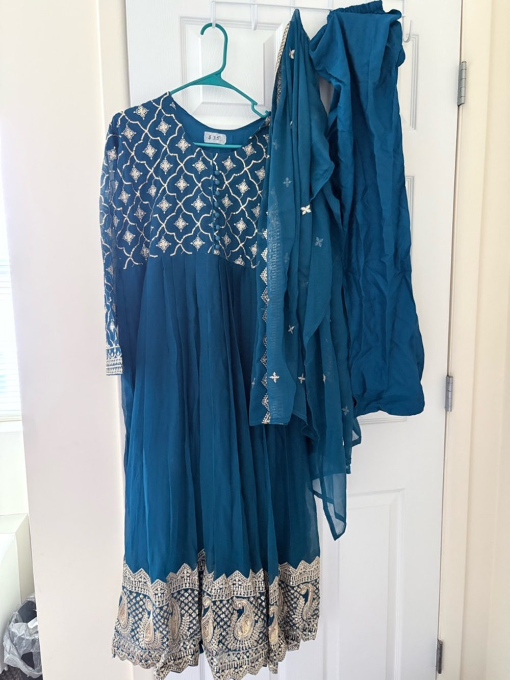 Afghan/Desi Teal Embroidered Anarkali Dress with Dupatta Chest Size 20
